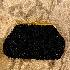 Vintage Black Beaded Change Purse Bag by Carousel Made in Hong Kong 1950s
